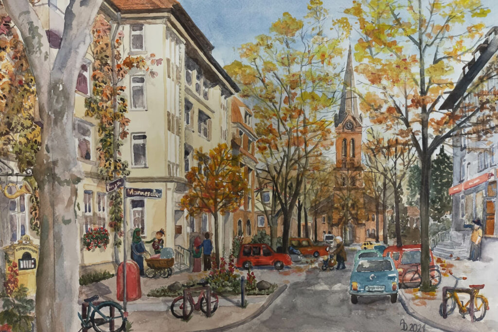 Praxiseingang und Emmauskirche Wilhelmsburg